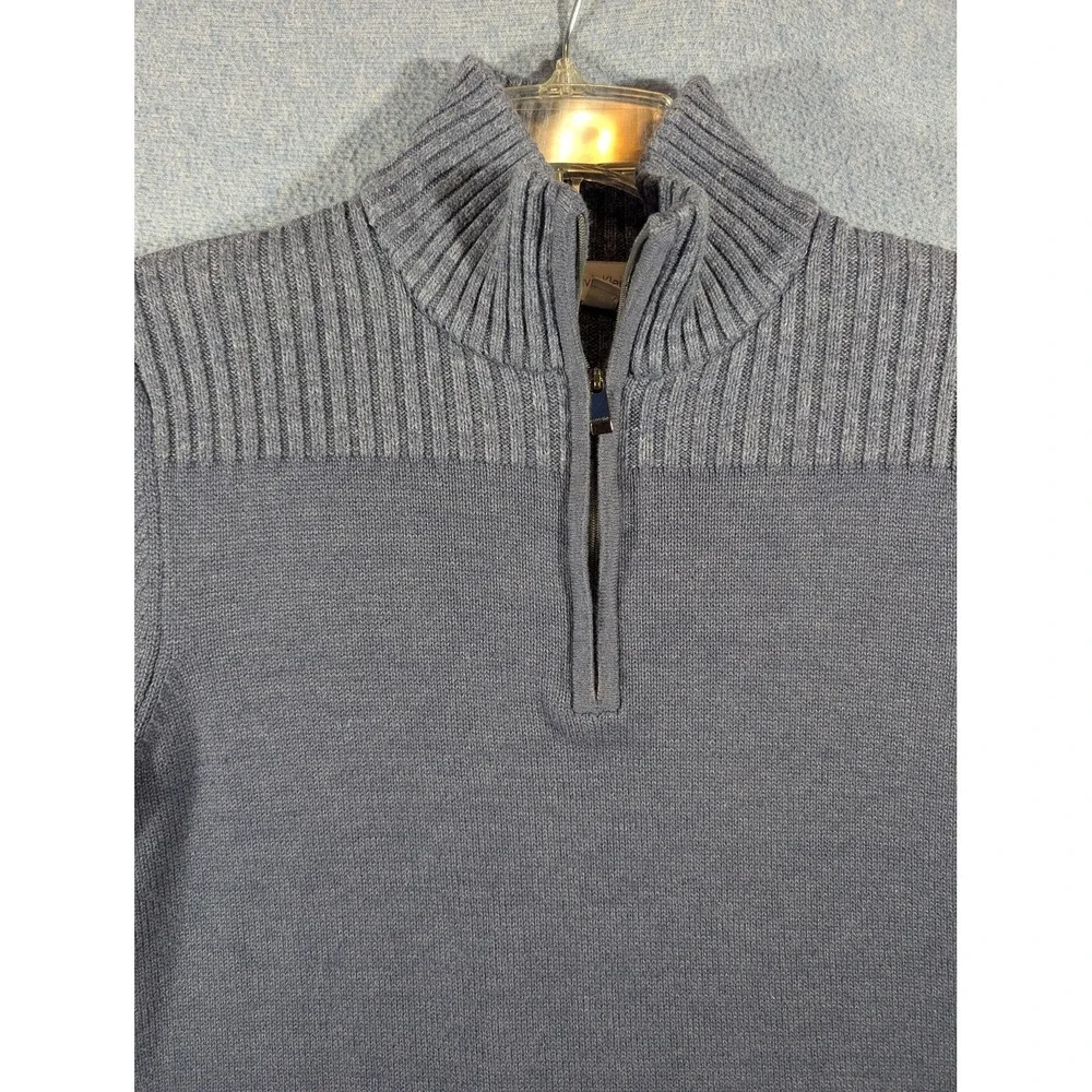 Calvin Klein Sweater Mens Medium Gray Blue Half Zip Mock Neck Cotton Blend Knit